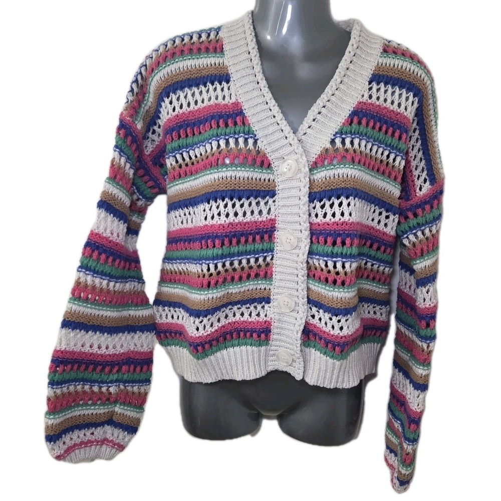 VIGOSS Womens Crochet Knit Cardigan Multicolor Stripe Cropped Boho Beach Sweater